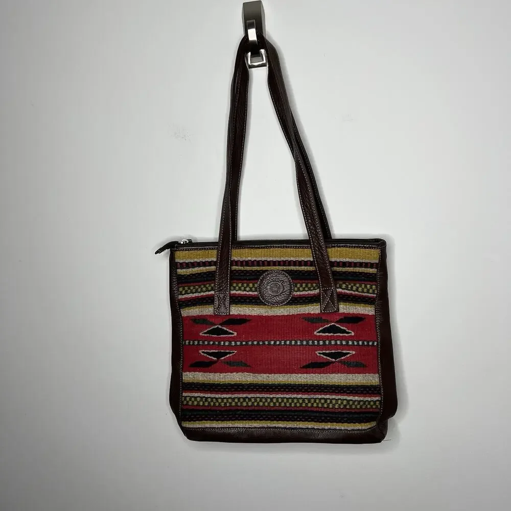 Born Wool Leather Tote Bag Southwestern Boho Aztec Pattern Shoulder‎ Purse